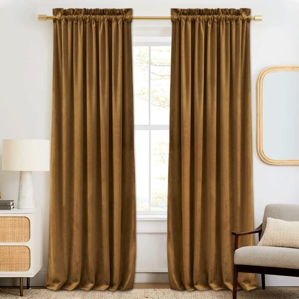 Soft Velvet Curtains 90 inch Length, Room Darkening Large Window Decor Silk Hand Feel Privacy Vertical Shade for Nursery Playroom Bedroom, W52 x L90 inches, Gold Brown, 2 Panels