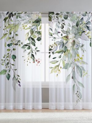 Green Eucalyptus Leaves Sheer Curtains for Living Room 84 inch Length 2 Panels Set Elegant Wild Flower Floral Spring Printed Window Curtain Natural Chiffon Drapes for Bedroom