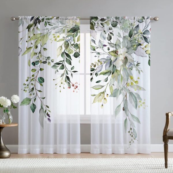 Green Eucalyptus Leaves Sheer Curtains for Living Room 84 inch Length 2 Panels Set Elegant Wild Flower Floral Spring Printed Window Curtain Natural Chiffon Drapes for Bedroom