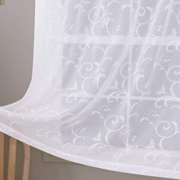 Floral Embroidery Sheer Curtains White 45 Inch Length, Vintage Rod Pocket Voile Drapes for Living room, Bedroom, Window  Semi Crinkle Curtain Panels for Villa, Parlor, Set of 2, 52"x 45".