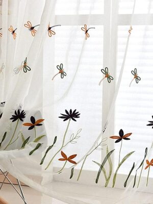 Embroidered Exquisite Dragonfly Curtains Semi Sheer Window Curtains Room Divider Floral Cotton Drapes Rod Pocket Home Decor Tulle Voile Curtain Panels for Living Room 1 Panel W39 x L84 inch