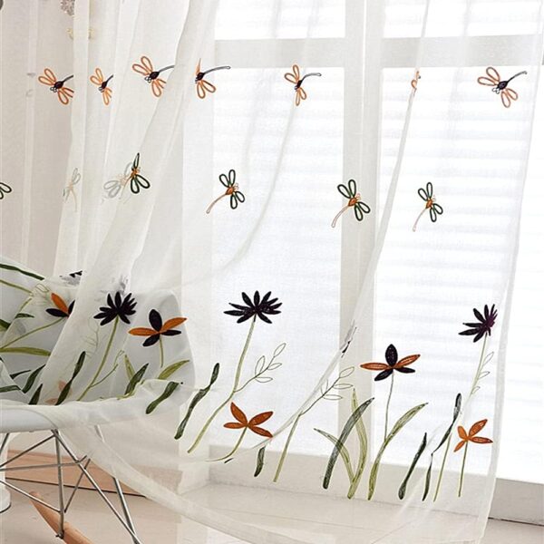 Embroidered Exquisite Dragonfly Curtains Semi Sheer Window Curtains Room Divider Floral Cotton Drapes Rod Pocket Home Decor Tulle Voile Curtain Panels for Living Room 1 Panel W39 x L84 inch