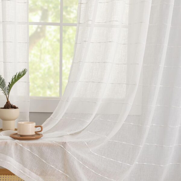 White Boho Curtains 63 Inch Length for Living Room 2 Panels Thick linen Stripe Textured Gauze Curtains Shabby Chic Bathroom Window Curtains Rod Pocket Privacy Curtains That Let Light in 52"W x 63"L