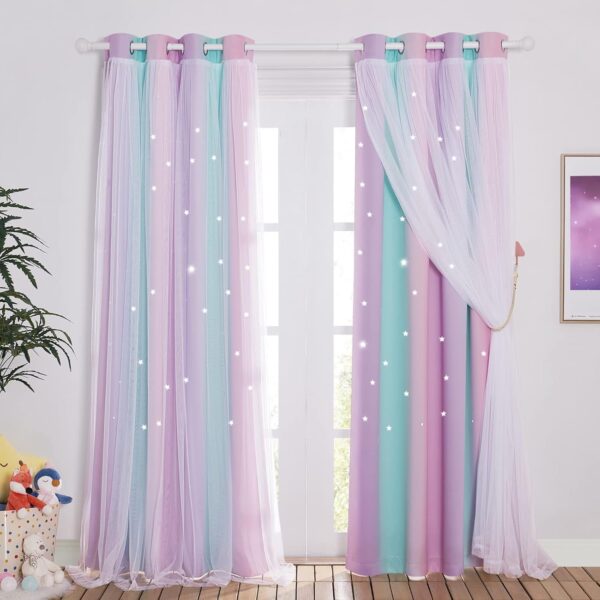 Baby Room Decor, White Gauze & Blackout Drapes Assembled, Star Cut Romantic and Colorful Curtains with Versatile Styling Options for Birthday Party (Blue & Purple & Pink, Each is W52 x L84)