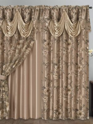 Burnt-Out Printed Organza Window Curtain Panel Drape with Attached Fancy Valance and Taffeta Backing (Sand, 55 x 84 inches + Attached Valance x 2pcs)