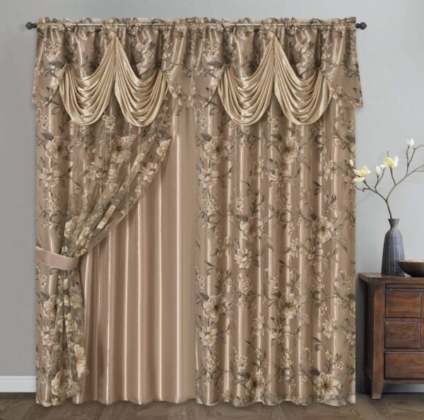 Burnt-Out Printed Organza Window Curtain Panel Drape with Attached Fancy Valance and Taffeta Backing (Sand, 55 x 84 inches + Attached Valance x 2pcs)