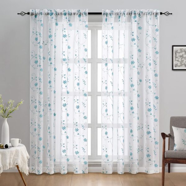 White and Blue Embroidered Floral Sheer Curtains 84 Inches Long 2 Panels Flower Sheer Pattern Curtains Semi Sheer Window Curtains for Bedroom Living Room