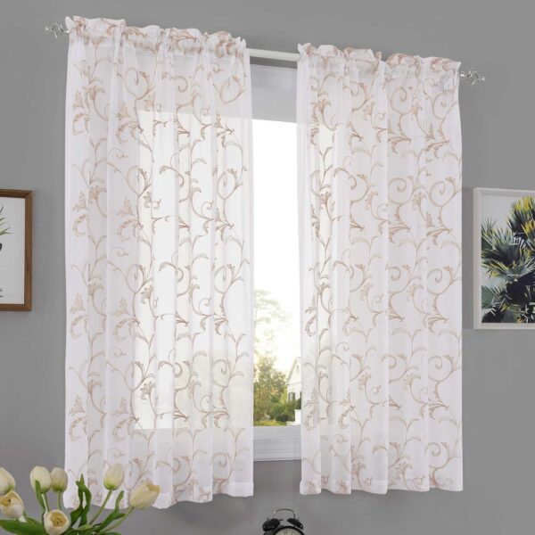 Sheer Curtains White-Beige 45 Inch Length Floral Embroidery Vintage Rod Pocket Voile Drapes for Living room, Bedroom, Window Semi Crinkle Curtain Panels for Farmhouse Set of 2, 52"x 45".