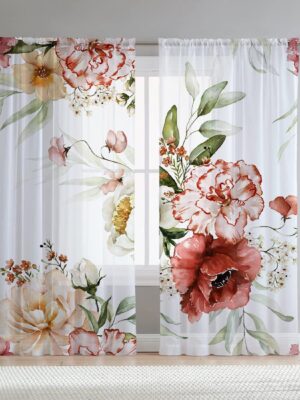 Floral Sheer Curtains for Living Room 84 inch Length 2 Panels Set Elegant Red Pink Flower Printed Window Curtain Chiffon Drapes for Bedroom