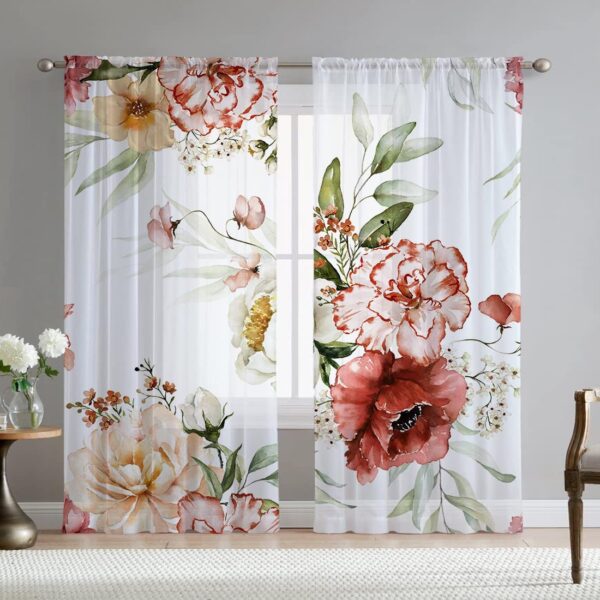 Floral Sheer Curtains for Living Room 84 inch Length 2 Panels Set Elegant Red Pink Flower Printed Window Curtain Chiffon Drapes for Bedroom