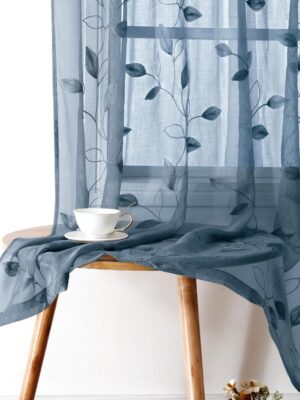 Stone Blue Floral Sheer Curtains 63 Inches Long 2 Panels Embroidered Sheer Pattern Curtains Semi Sheer Window Curtains for Bedroom Living Room