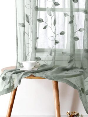 Sage Green Sheer Curtains 52 X 63 Inches Length 2 Panels Embroidered Leaf Pattern Pocket Faux Linen Floral Semi Sheer Voile Window Curtains/Drapes for Bedroom Living Room