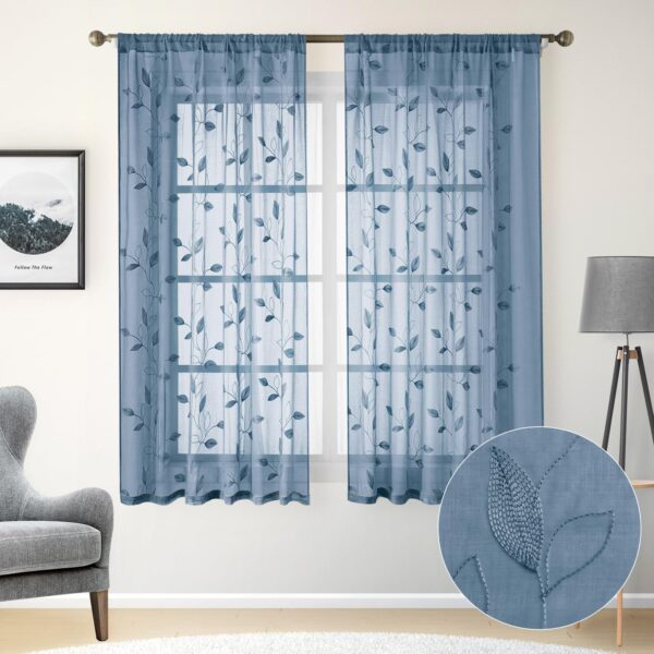 Stone Blue Floral Sheer Curtains 63 Inches Long 2 Panels Embroidered Sheer Pattern Curtains Semi Sheer Window Curtains for Bedroom Living Room