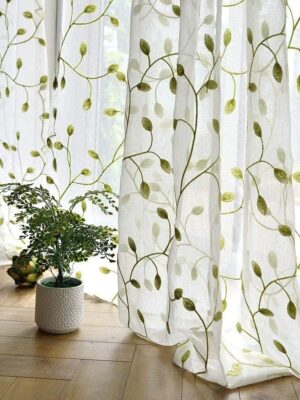 Ivy Leaf Embroidered Sheer Panels 96 inch Long Window Crushed Sheer Gauze Curtain Panels Room Curtain Voile Tulle Window Drapery Rod Pocket, 1 Panel, Green Leaf White Sheer, W54 x L96 inch