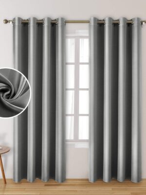 2 Panels Silver Grey Faux Silk Curtains Gray Blackout Curtains for Bedroom 52 X 96 Inch Room Darkening Satin Drapes/Curtains, Thermal Insulated Blackout Window Curtains for Living Room