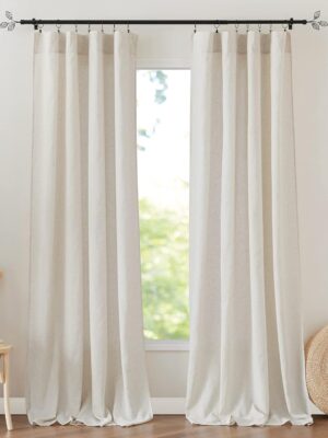 Flax Linen Blend Curtains 84 Inches Long - Semi Sheer Breathable Woven Light Filtering Window Treatment Drapes for Living Room, Bedroom, Office, Nursery, W 52" x L 84", 2 Panels,