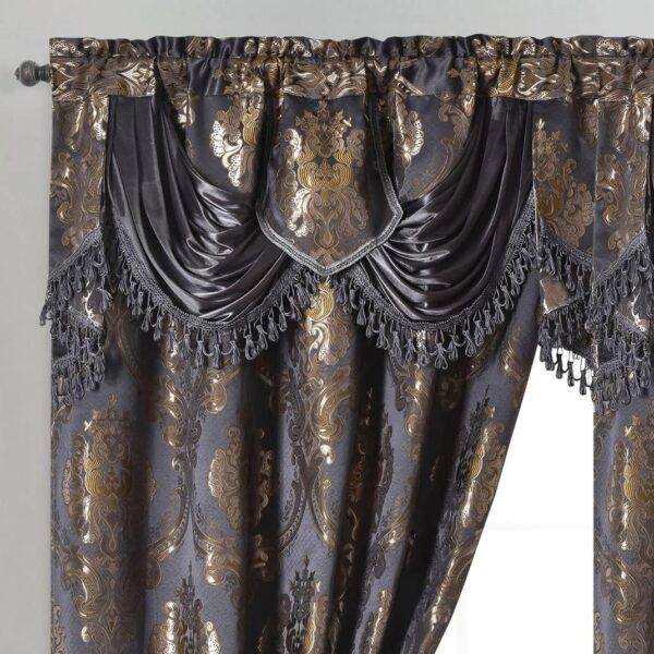 Jacquard Window Curtain Panel Drape with Attached Fancy Valance. 2pcs Set. (Deep Grey, 54" Wide x 84" Drop with 18" Valance x 2pcs)