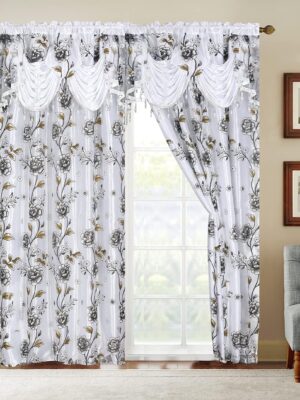 Flower Curtain Window Panel Set Luxury Curtains with Attached Valance and Sheer Backing Living Room Bedroom Dining 55x84 Each  Collection (55x84, White)