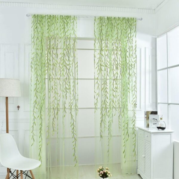 2 Pieces Willow Window Curtain Voile Tulle Room Salix Leaf Sheer Gauze Curtain Voile Panel Drapes Curtain Green Color for Living Room, Bedroom, Balcony