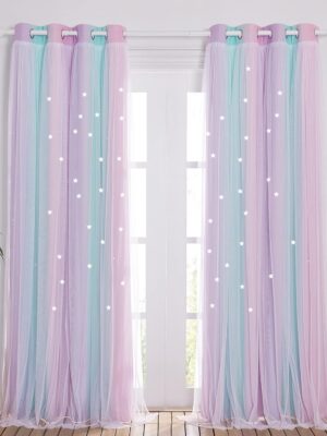 Baby Room Decor, White Gauze & Blackout Drapes Assembled, Star Cut Romantic and Colorful Curtains with Versatile Styling Options for Birthday Party (Blue & Purple & Pink, Each is W52 x L84)