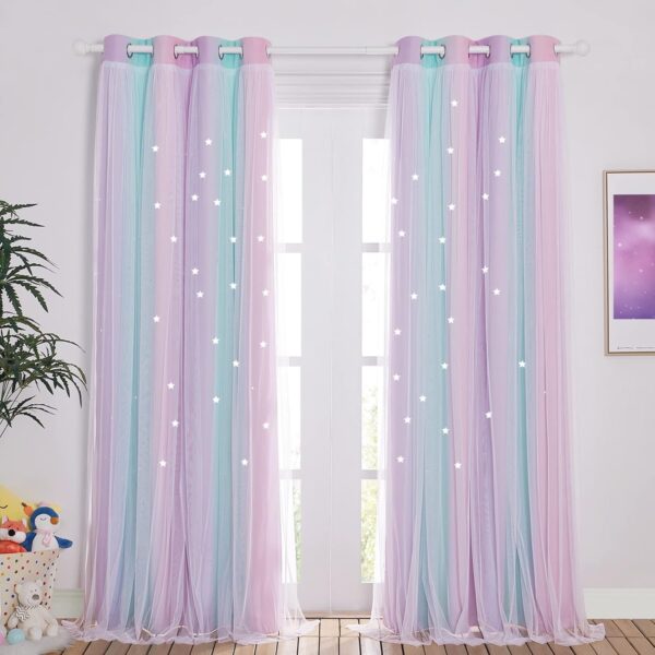 Baby Room Decor, White Gauze & Blackout Drapes Assembled, Star Cut Romantic and Colorful Curtains with Versatile Styling Options for Birthday Party (Blue & Purple & Pink, Each is W52 x L84)