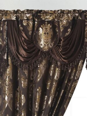 Jacquard Window Curtain Panel Drape with Attached Fancy Valance. 2pcs Set. (Chocolate, 54" Wide x 84" Drop with 18" Valance x 2pcs)