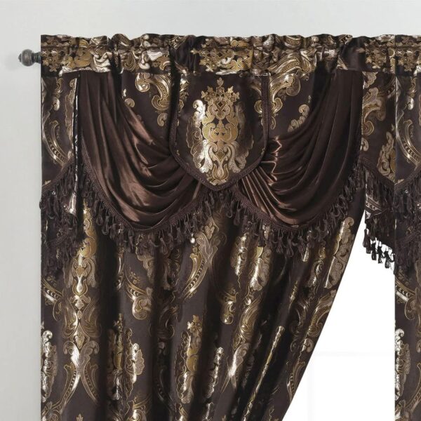 Jacquard Window Curtain Panel Drape with Attached Fancy Valance. 2pcs Set. (Chocolate, 54" Wide x 84" Drop with 18" Valance x 2pcs)