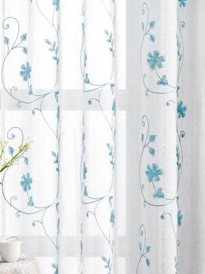 White and Blue Embroidered Floral Sheer Curtains 84 Inches Long 2 Panels Flower Sheer Pattern Curtains Semi Sheer Window Curtains for Bedroom Living Room