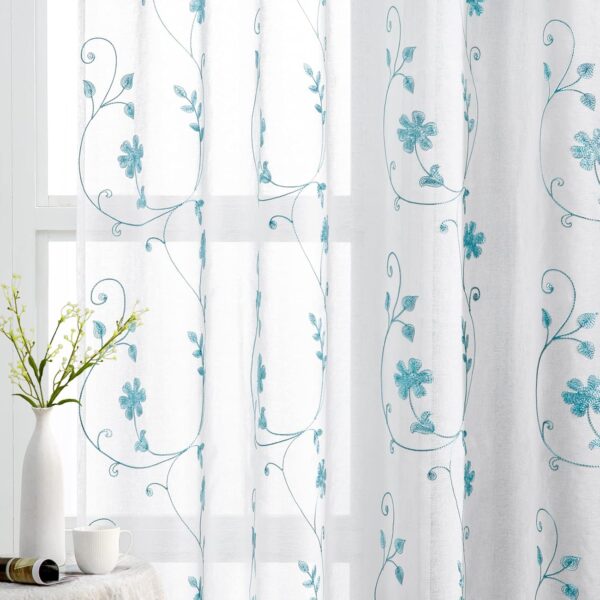 White and Blue Embroidered Floral Sheer Curtains 84 Inches Long 2 Panels Flower Sheer Pattern Curtains Semi Sheer Window Curtains for Bedroom Living Room