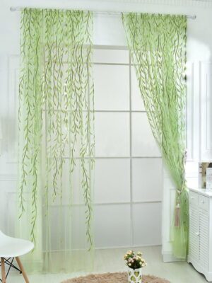 2 Pieces Willow Window Curtain Voile Tulle Room Salix Leaf Sheer Gauze Curtain Voile Panel Drapes Curtain Green Color for Living Room, Bedroom, Balcony