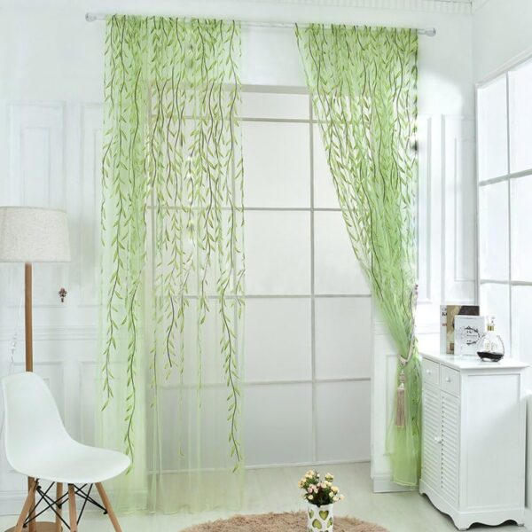 2 Pieces Willow Window Curtain Voile Tulle Room Salix Leaf Sheer Gauze Curtain Voile Panel Drapes Curtain Green Color for Living Room, Bedroom, Balcony