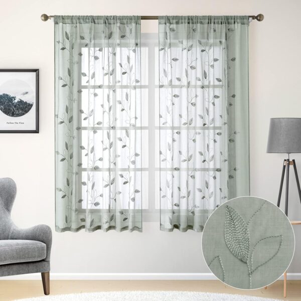 Sage Green Sheer Curtains 52 X 63 Inches Length 2 Panels Embroidered Leaf Pattern Pocket Faux Linen Floral Semi Sheer Voile Window Curtains/Drapes for Bedroom Living Room