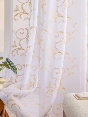 Sheer Curtains White-Beige 45 Inch Length Floral Embroidery Vintage Rod Pocket Voile Drapes for Living room, Bedroom, Window  Semi Crinkle Curtain Panels for Farmhouse Set of 2, 52"x 45".