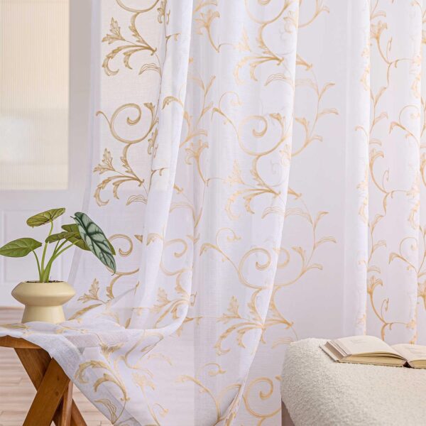 Sheer Curtains White-Beige 45 Inch Length Floral Embroidery Vintage Rod Pocket Voile Drapes for Living room, Bedroom, Window Semi Crinkle Curtain Panels for Farmhouse Set of 2, 52"x 45".
