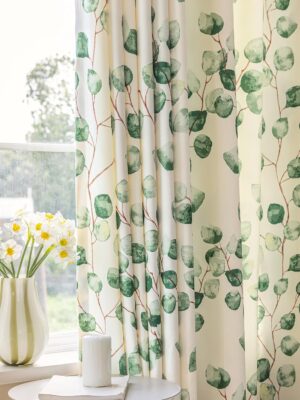 Green Leaves Chenille Curtains for Bedroom 96 inches Long 2 Panels Grommet Top Patterned Boho Light Filtering Window Drapes Set for Dining Living Room