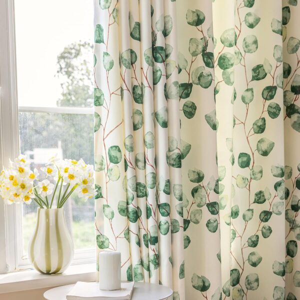 Green Leaves Chenille Curtains for Bedroom 96 inches Long 2 Panels Grommet Top Patterned Boho Light Filtering Window Drapes Set for Dining Living Room