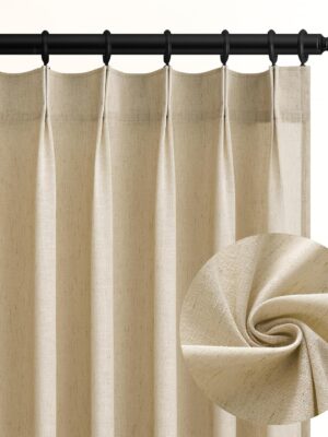 96 Inches Long Pinch Pleated Semi Sheer Curtains,Beige Light Linen Blended Light Filtering Window Curtains 96 Length 2 Panels for Living Room Bedroom Pinch Pleat Drapes with Hooks 2 Panels 40" Wx96 L