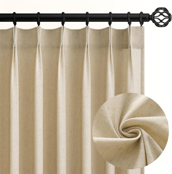 96 Inches Long Pinch Pleated Semi Sheer Curtains,Beige Light Linen Blended Light Filtering Window Curtains 96 Length 2 Panels for Living Room Bedroom Pinch Pleat Drapes with Hooks 2 Panels 40" Wx96 L