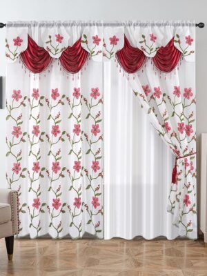 Embroidery Sheer Curtain 2 Panels Set - Luxury Window Curtain Attached Valance with Satin Backing and 2 Tie Backs for Living Room,Dining Room, 54x95 inches, Burgundy