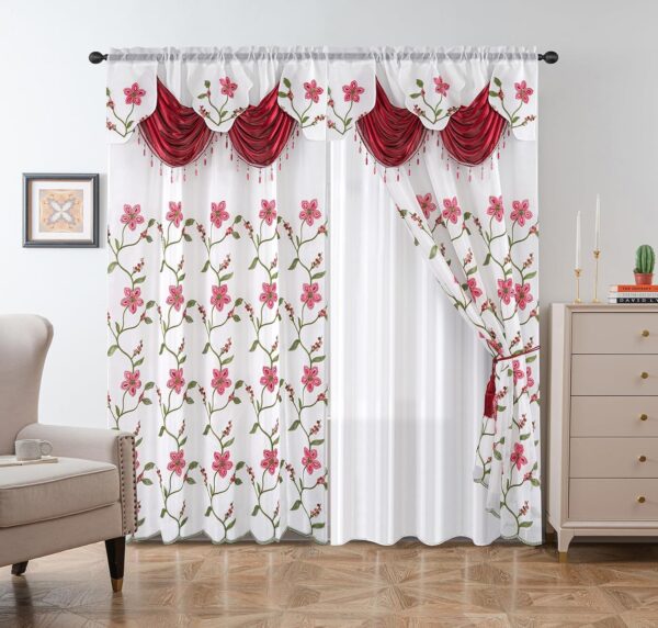 Embroidery Sheer Curtain 2 Panels Set - Luxury Window Curtain Attached Valance with Satin Backing and 2 Tie Backs for Living Room,Dining Room, 54x95 inches, Burgundy