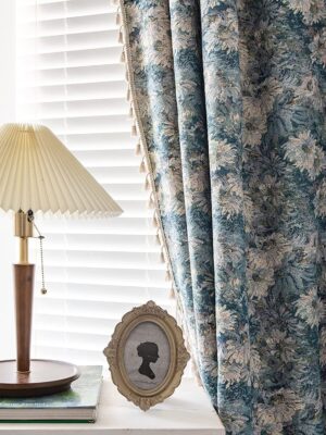 Blue Floral Curtains 84 Inch Length 2 Panels  Semi Sheer Drapes for Living Room Bohemian Rustic Rod Pocket Window Curtain Panels with Tassel Jacquard Bedroom Window Treatments