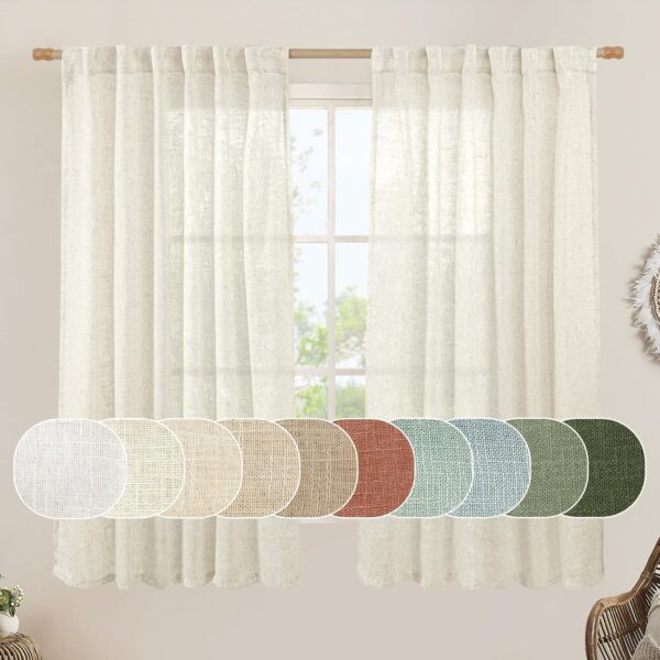 Semi Sheer Linen Window Curtains 63 Inch Length, Light Filtering Neutral Curtain Panels Farmhouse Back Tab and Rod Pocket Drapes for Bedroom, Cream Ivory, 2 Panels, 52 x 63 Inch