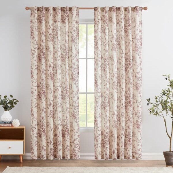 Linen Blend Curtains Floral Curtains for Living Room 90 Inch Length Brick Red Printed Curtains Rod Pocket Back Tab  Peony Flower Patterned Drapes Bedroom Window Curtain Set 2 Panels