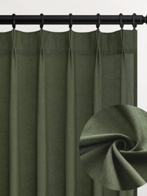 Olive Green Linen Semi Sheer Curtains 96 Inches Long,Spring Boho Natural Bedroom Living Room Home Decor,Cotton Linen Blended Light Filtering Pinch Pleated Window Curtain 8ft Panels Set of 2