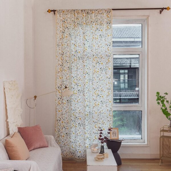 Curtain Semi-Blackout Yellow Florals Print Cotton Linen Fabric, Handmade Tassels Rod Pocket Bohemian Farmhouse Country Window Drapes for Living Bedroom, 59" W x 84" L, 1 Panel