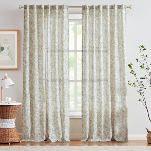 Linen Curtains  Green Floral Print Curtains 84 Inches Long Back Tab Drapes for Living Room Bedroom Semi Sheer Patterned Country Vintage Curtains 2 Panels Set Rod Pocket Green on Beige