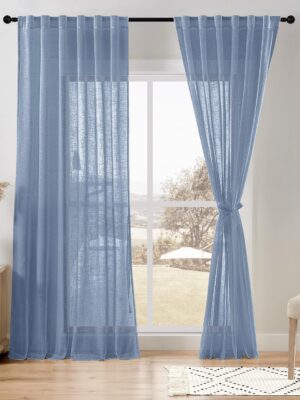 Linen Sheer Curtains 84 Inches Long, Rod Pocket & Back Tab Linen Texture Semi Sheer Window Covering, Light Airy Privacy Sheer Panels for Bedroom Living Room 52" W x 84" L, Dusty Blue, Set of 2