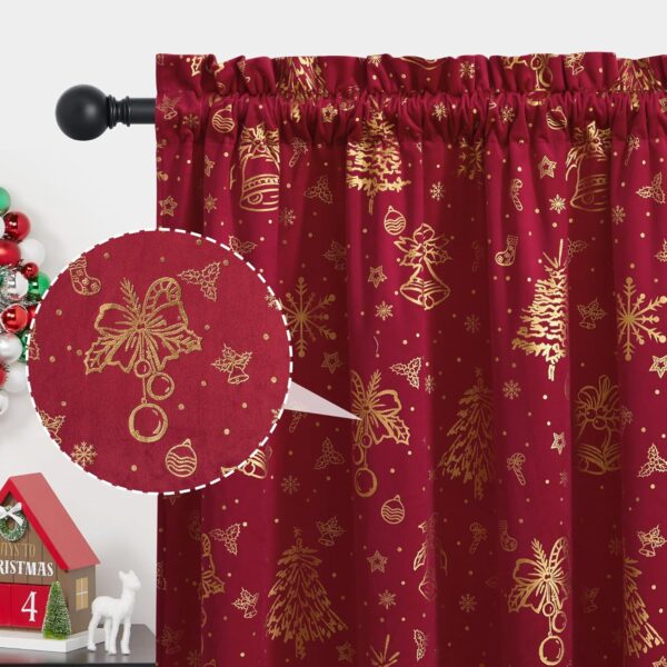 Christmas Curtains for Living Room Red Curtains 96 inches Velvet Foil Print Christmas Tree Bells Home Decor for Party Backdrops Bedroom Dining, W50 x L96 inches, 2 Panels