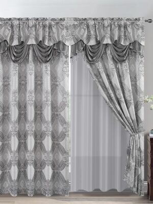 Elegance Curtains with Gold Silver Threads 2 Panels Set - Luxury Window Treatment Attached Valance, Sheer Backing, and 2 Tie Backs for Bedroom and Living Room, 54x84 inches, Silver