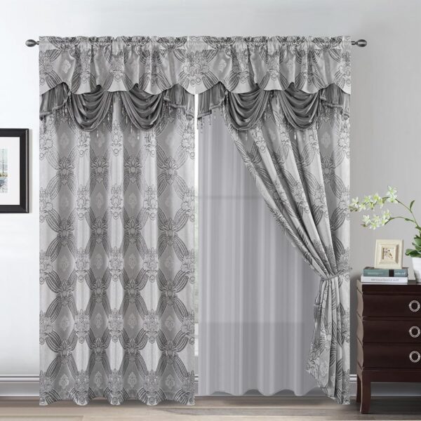 Elegance Curtains with Gold Silver Threads 2 Panels Set - Luxury Window Treatment Attached Valance, Sheer Backing, and 2 Tie Backs for Bedroom and Living Room, 54x84 inches, Silver